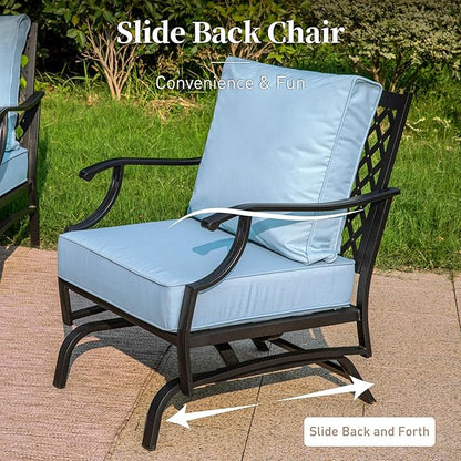 7 Piece Metal Outdoor Patio Furniture Sets, Patio Conversation Sets 1 3-seater Sofa, 2 Fixed Chair, 2 Rocking Chair, 2 Ottomans with 5.75" Thick Cushion, Black Backyard Furniture, Blue