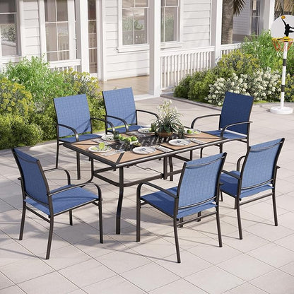 Outdoor Patio Dining Set 7 Piece Furniture Set with 6 Blue Textilene Chairs and Wood-Like Table Top Rectangular Table for Deck Garden Backyard Lawn Poolside