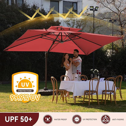 10 X 13 FT Cantilever Outdoor Patio Umbrella with Led Lights Large Heavy Duty 360° Rotation Double Top Offset Rectangular Umbrellas for Backyard Garden Pool Outside Deck, Red
