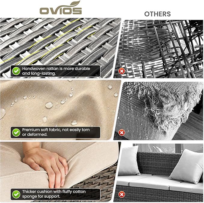 ovios 10 Pieces Patio Furniture Set, Outdoor Wicker Sofa Couch with Swivel Chairs 54" Fire Pit Table, High Back All Weather Modern Conversation Sets, Brown Rattan, Beige