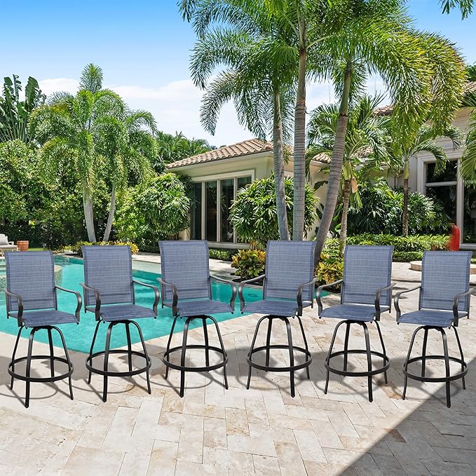 Vongrasig 6 Piece Patio Swivel Bar Chairs, All Weather Metal Textile High Swivel Bar Stools Chairs, Outdoor High Top Bistro Set for Backyard, Lawn Garden, Balcony, Denim Blue
