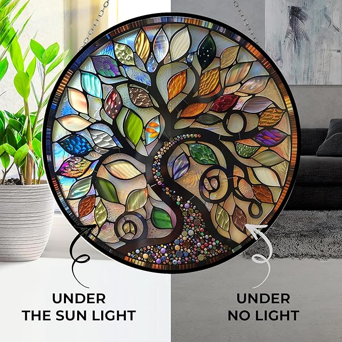 Bohemian Tree of Life Stained Glass Suncatcher 4 Season Colorful Window Wall Ornament Hand-Painted Glass Panel Decor Gift for Women Christmas Thanksgiving Gift 6.3"