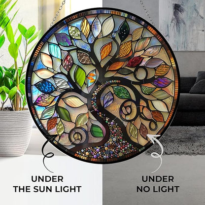 Bohemian Tree of Life Stained Glass Suncatcher 4 Season Colorful Window Wall Ornament Hand-Painted Glass Panel Decor Gift for Women Christmas Thanksgiving Gift 6.3"