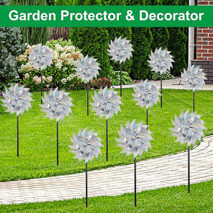 winemana 12 Pcs Reflective Pinwheels Outdoor, Wind Spinners for Yard & Garden, Sparkly Bird Repellent Windmill Scare Birds Away, Deterrent Devices for Outside Patio Lawn Spring Decor (Silver)
