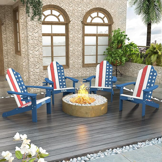 LUE BONA HDPS Adirondack Chairs Set of 8, Fire Pit Outdoor Chair Weather Resistant with Cup Holder, Modern Plastic Chair Plastic for Patio, Deck, Proch, 350LBS, Flag Blue