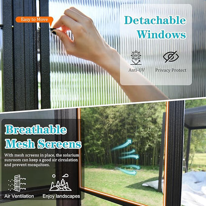 12' x 14' Patio Sun Room Kit, Outdoor Lean-to Enclosed Gazebo, Wall Mounted Solarium, All Season Sunroom Against The Wall with Removable Polycarbonate Roof/Windows, 2 Lockable Sliding Doors