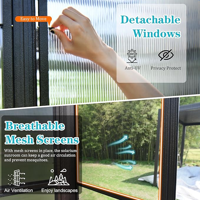 12x16FT Lean to Sunroom, Patio Wall Mounted Solarium All Weather Use, Against The Wall Enclosed Gazebo Small Guest House with Removable Polycarbonate Roof/Windows, 2 Lockable Sliding Doors