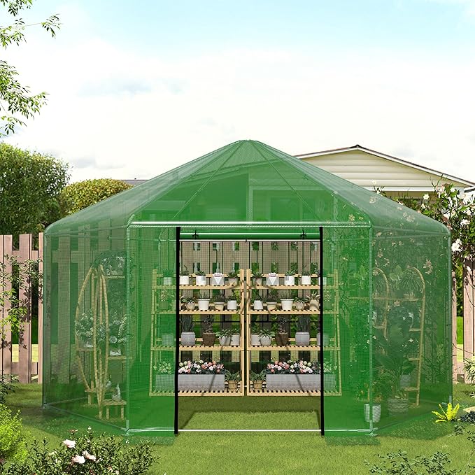 MU 13.4x13.4x8.8 FT Greenhouses for Outdoors, Heavy-Duty Green House for Outside, Walk in Winter Greenhouse with 180g Double Layer PE Cover, Ground Stakes, Great for Garden/Patio/Backyard