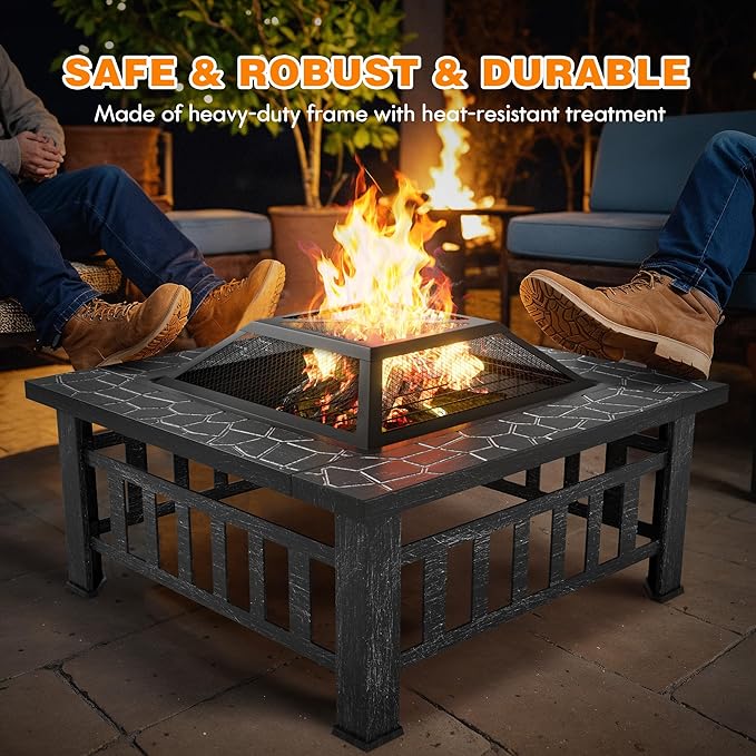Flamaker Outdoor Fire Pit 32 Inch Firepit Tables Backyard Mutifunctional Square Metal Stove Wood Burning with Cover Poker for Patio, Camping, Bonfire (Silver)