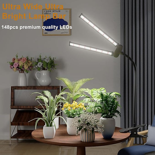 Juhefa LED Grow Light,Super Bright 6000K White Full Spectrum Clip Plant Growing Lamp with Rotatable Dual Head for Indoor Desk Plants,Dimmable & Timer 4/8/12H,High Power Output for Faster Growth,1-Head