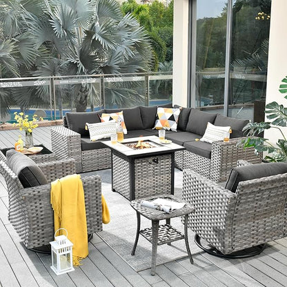 ovios 10 Pieces Patio Furniture Set, Outdoor Wicker Sectional Sofa with 30" Fire Pit Table Swivel Chairs, Modern Modular Deep Seat Rattan Couch Conversation Sets, Black