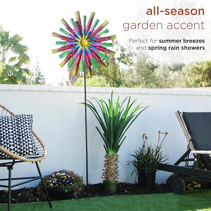 Alpine Corporation 81" Tall Outdoor Colorful Flower Wind Spinner Stake Yard Decoration, Multicolor