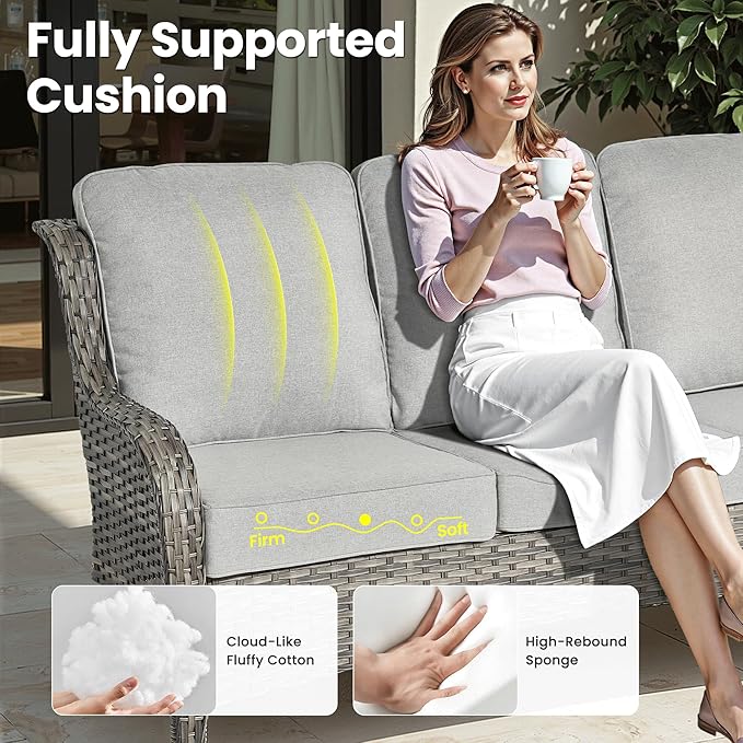 ovios 9 Pieces Patio Furniture Set, Outdoor Wicker Sofa Couch with Swivel Chairs Ottomans Comfy Cushions, High Back All Weather Modern Conversation Sets, Grey Rattan, Grey