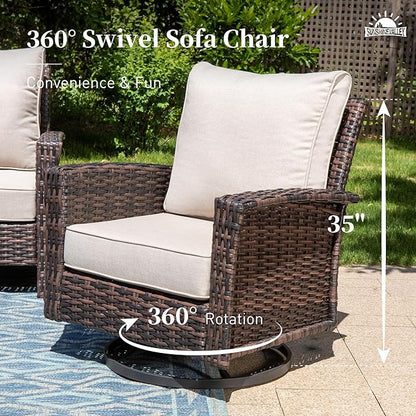 Patio Wicker Swivel Chairs Set of 2, Outdoor High Back Chairs with 5.5" Waterproof Cushions and Side Table, Outdoor Furniture Set for Deck Porch and Yard, Peacock Blue