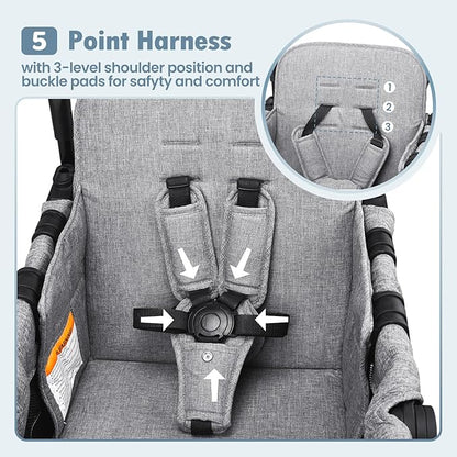 Wagon Stroller for 2 Kids, High Seat & 5 Point Harness, Foldable All-Terrain Wagon for Toddler with Canopy, Parent Organizer, Shoulder Bag, Adjustable Handlebar, Ultimate Double (Gray)
