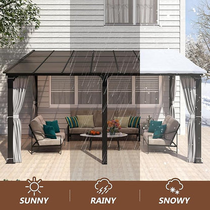 12x14FT Outdoor Wall-Mounted Hardtop Gazebo, Aluminum Frame Lean to Gazebo with Polycarbonate Roof and Curtains for Patio, Garden, Deck