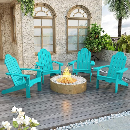 LUE BONA HDPS Adirondack Chairs Set of 6, Fire Pit Outdoor Chair Weather Resistant with Cup Holder, Modern Plastic Chair Plastic for Patio, Deck, Proch, 350LBS, Aruba Blue
