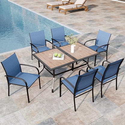 7 Pieces Patio Table and Chairs Set, Outdoor Dining Furniture Set for 6, 6 Blue Textilene Chairs and 61" Wood-Like Table Top with Umbrella Hole, for Deck Backyard Lawn