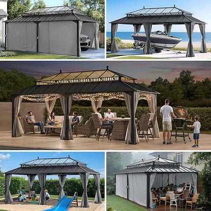 SUNJOY Kingston 20' x 12' Hardtop Gazebo with Galvanized Steel/Polycarbonate Double Roof, Curtain and Netting, Gray Aluminum Posts Permanent Pavilion Gazebo for Garden, Patio, Deck, Lawn