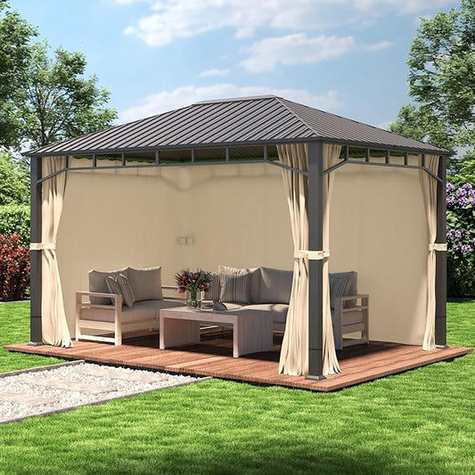 TOOLPORT Hardtop Gazebo 10x13 ft with Steel Roof - 4 Side Panels in Champagne - Approx. 3.54x3.54 in Aluminium Poles