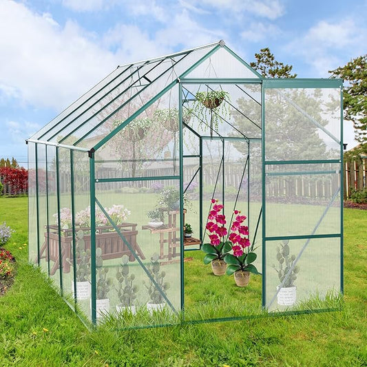 Favfurish 6X10 FT All Season Heavy Duty Walk-in Greenhouses, Outdoor Polycarbonate Plants Green House for Backyard Garden, Sliding Door Raised Base Anchor Aluminum, Green