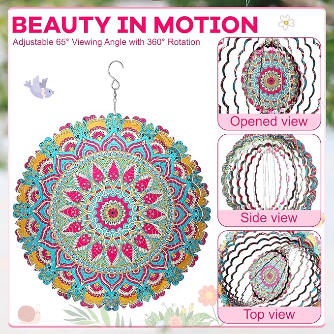 12 Inch Mandala Wind Spinners with Gazing Ball Spiral Tail, Outdoor 3D Stainless Steel Hanging Spinner Mandala Wind Catchers Sculpture for Indoor Outdoor Garden Yard Decoration (Flower)