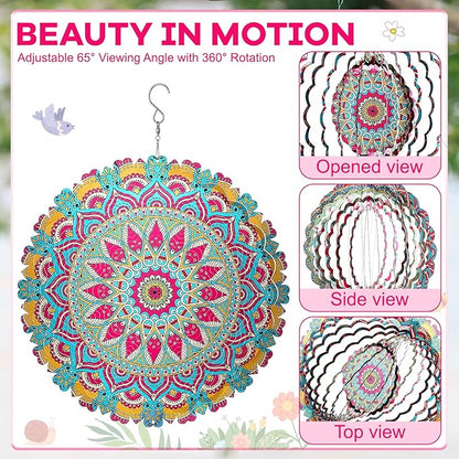 12 Inch Mandala Wind Spinners with Gazing Ball Spiral Tail, Outdoor 3D Stainless Steel Hanging Spinner Mandala Wind Catchers Sculpture for Indoor Outdoor Garden Yard Decoration (Flower)