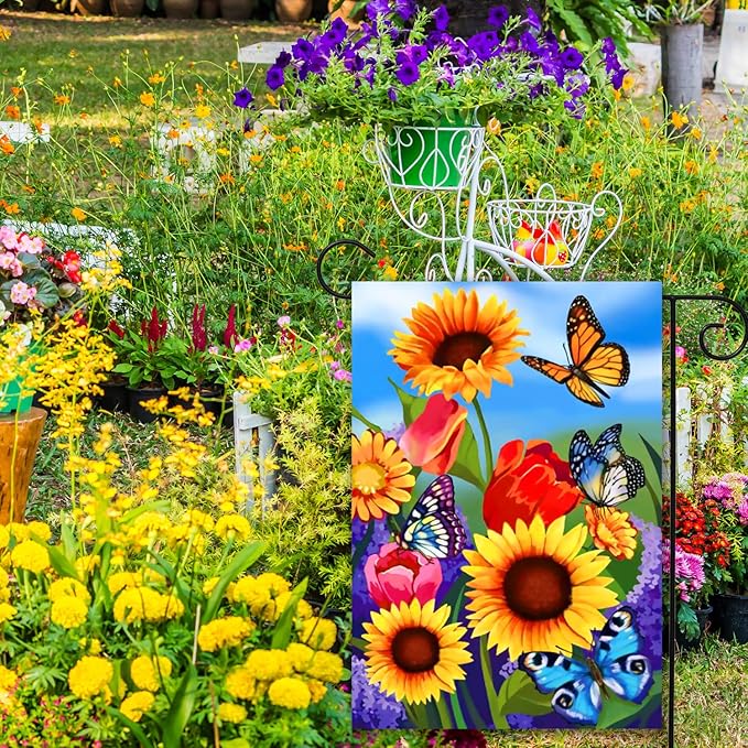 Fall sunflower garden flag 12x18 Double Sided Vertical, Small monarch Butterfly Floral Flower Welcome Garden Yard House Flags Outside Outdoor House sunflower Spring Summer Decor
