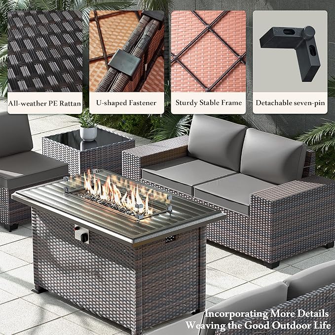 Outdoor Patio Furniture Set with Propane Fire Pit Table, 13 Pieces Outdoor Furniture Patio Sectional Sofa Conversation Sets w/ETL Approved 43" Gas Outdoor Fire Table & Coffee Table (Grey)