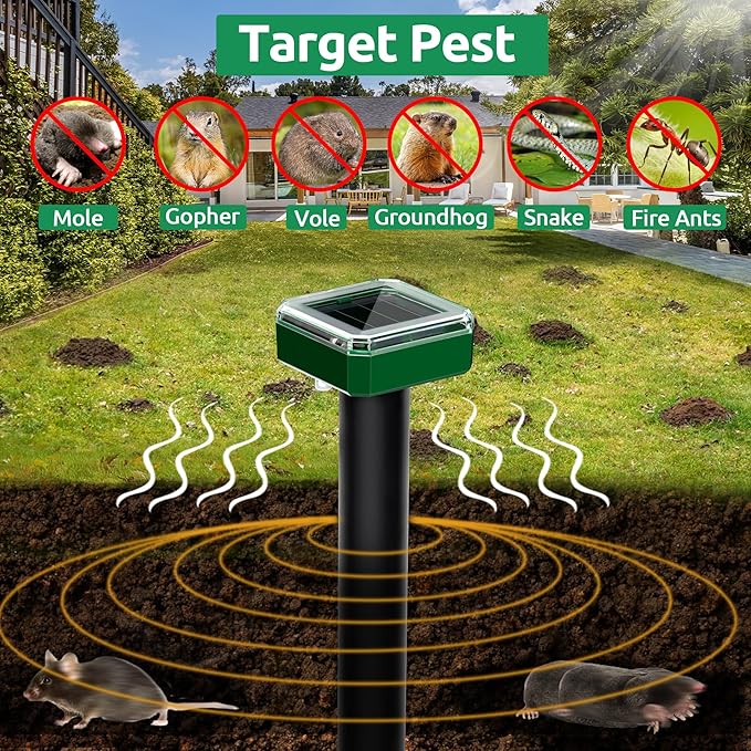 X-PEST 4 Pack Mole Repellent for Lawns Solar Powered Groundhog Spikes, Ultrasonic Mole Stakes for Yard, Waterproof Gopher Repellent to Get Rid of Chipmunk, Vole and Snake for Garden