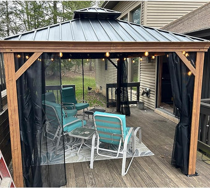 PURPLE LEAF 10' X 14' Outdoor Hardtop Gazebo for Patio Galvanized Steel Double Roof Permanent Canopy Teak Finish Coated Aluminum Frame Pavilion Gazebo with Netting and String Lights