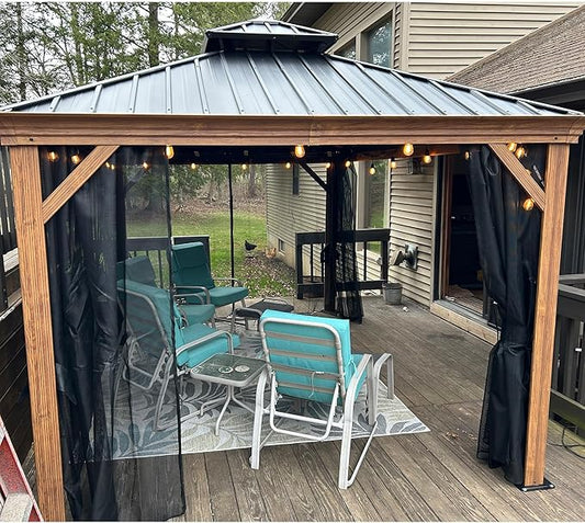PURPLE LEAF 10' X 14' Outdoor Hardtop Gazebo for Patio Galvanized Steel Double Roof Permanent Canopy Teak Finish Coated Aluminum Frame Pavilion Gazebo with Netting and String Lights