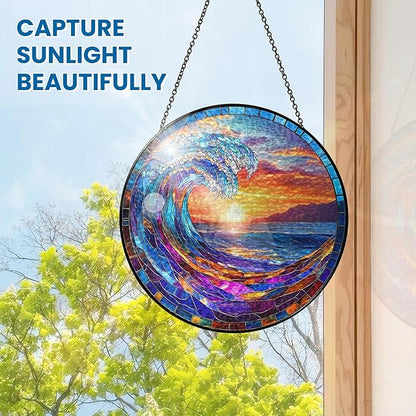 FLAGWIX Christmas Beach Gifts for Women Men - Stained Glass Window Hanging 8in for Holiday Christmas Decorations 2025 - Sun Catchers Indoor Window for Ocean Decor, Beach Decor, Boho Gifts for Women