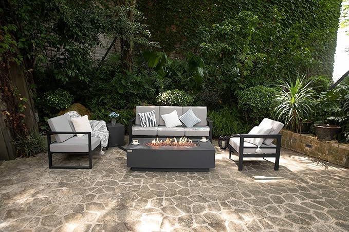 AMS Creations | Madison 60" Rectangular Propane Gas Outdoor Fire Pit Table | Dark Gray Concrete GFRC | Limestone Texture or Surface | Electronic Ignition | Outside Backyard Fireplace
