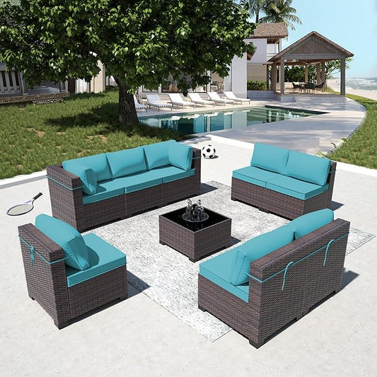 Outdoor Patio Furniture Set, 9 Pieces Outdoor Furniture All Weather Patio Sectional Sofa PE Wicker Modular Conversation Sets with Coffee Table,8 Chairs & Seat Clips(Turquoise Blue)