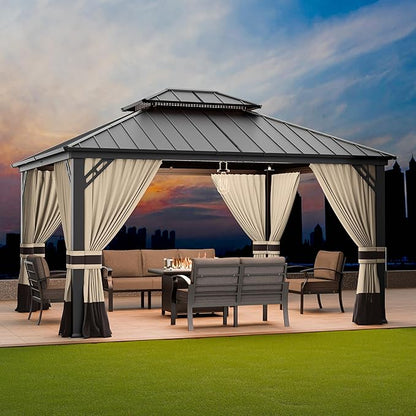 12’x14’ Hardtop Gazebo Outdoor Aluminum Frame Permanent Gazebo Galvanized Steel Double Roof Pergola with Nettings and Curtains for Patio, Lawns,Backyard, Deck(Brown)