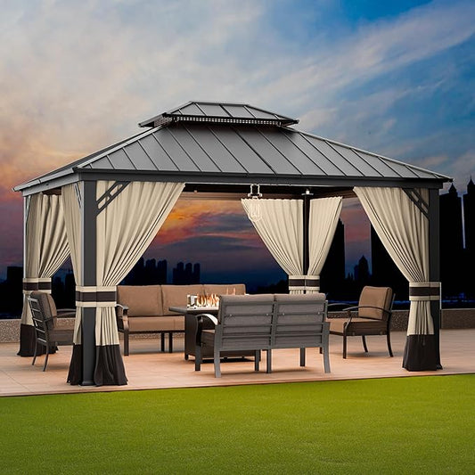 12’x14’ Hardtop Gazebo Outdoor Aluminum Frame Permanent Gazebo Galvanized Steel Double Roof Pergola with Nettings and Curtains for Patio, Lawns,Backyard, Deck(Brown)