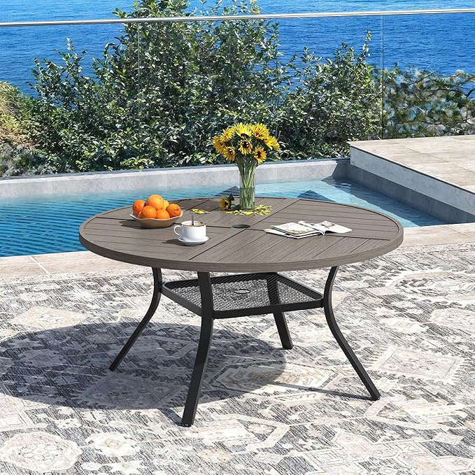 DIFY 47.2" Round Outdoor Patio Dining Table for 6, All-Weather Metal Steel Slatted Patio Table with 1.57" Adjustable Umbrella Hole, for Lawn Garden Porch Backyard, Grey Wood-Like