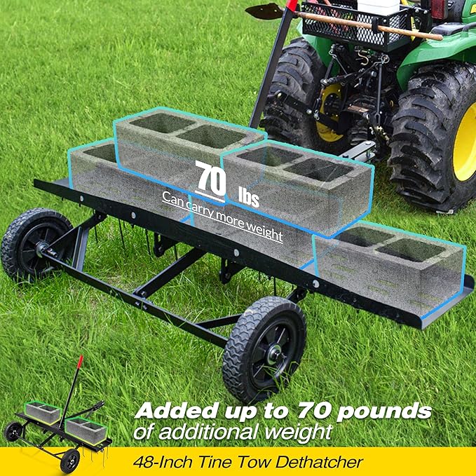 Suchtale 48inch Tow Behind Dethatcher with 24 Spring Steel Tines,Lawn Sweeper Garden Grass Tractor Rake Removes Thatch from Large Lawns, Riding Lawn Mower Attachments for Outdoor Yard Tools Lawn Care