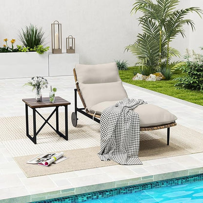 Chaise Lounge Chair Outdoor 2PCS - PE Rattan Wicker Patio Pool Lounge Chair with Cushion and Wheels, Aluminum Waterproof Lounger with Wood Side Table for Poolside Backyard Deck Porch