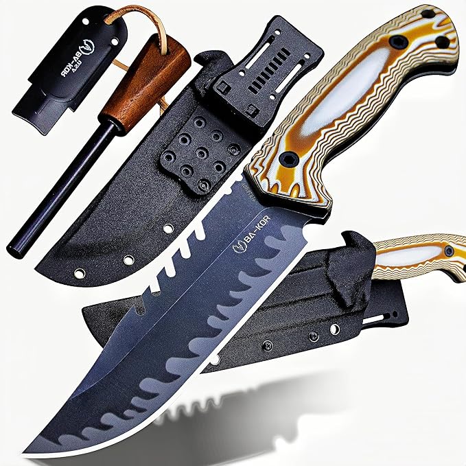 BA-KOR 12.4in Full Tang Fixed Blade Hunting Knife – 6mm 9CR18MoV Steel, G10 Handle, Stonewashed Sawback Blade with Kydex Sheath & Fire Starter for Outdoor, Camping, Survival (White and brown stripes)