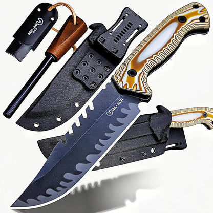 BA-KOR 12.4in Full Tang Fixed Blade Hunting Knife – 6mm 9CR18MoV Steel, G10 Handle, Stonewashed Sawback Blade with Kydex Sheath & Fire Starter for Outdoor, Camping, Survival (White and brown stripes)