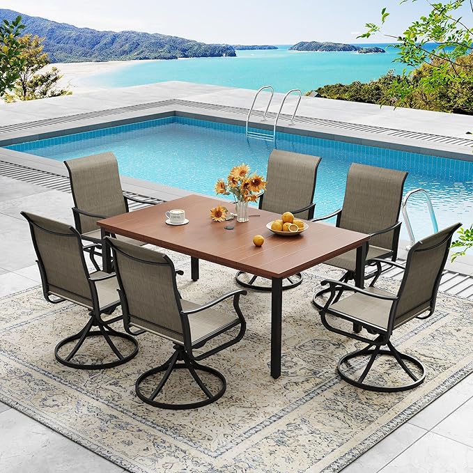 DIFY 63" Outdoor Patio Dining Table for 6, Metal Rectangular Steel Slat Patio Table with 1.57" Adjustable Umbrella Hole, Weather-Resistant for Garden Backyard Poolside Deck, Walnut