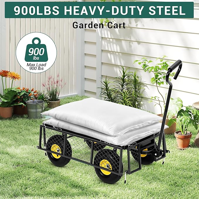 Heavy Duty Garden Cart On Wheels - 880LBS Metal Wagon with 10" Pneumatic Wheels, 180° Rotating Handle & Removable Sides - All-Terrain Yard Wagon for Farm, Beach & Outdoor Use