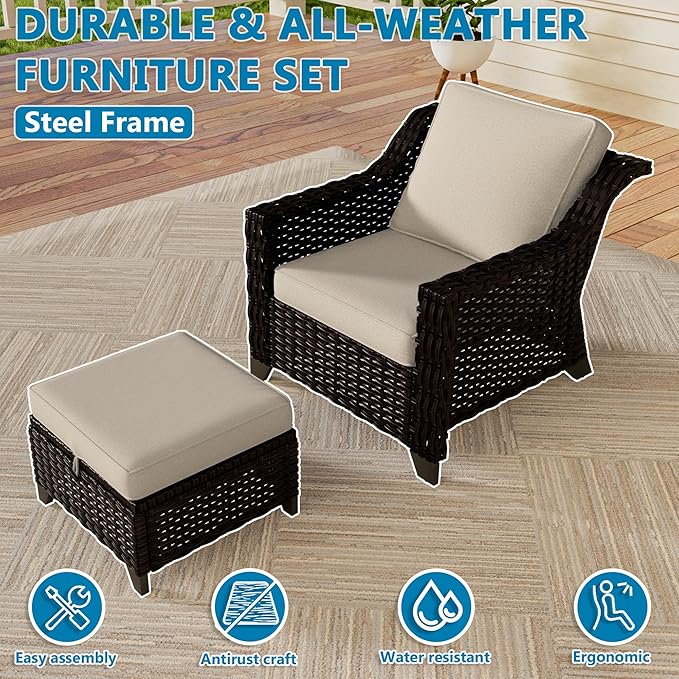 Vista Vibe 4 Pieces Outdoor Patio Conversation Furniture Set - 2 Luxurious Armchairs | 2 Wicker Ottomans, Removable Cushions, Hand-Woven PE Rattan, Office, Porch (Brown/Beige)