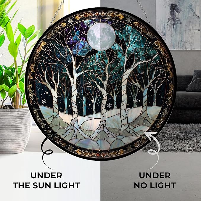 Snow Stained Glass Window Hanging Christmas Tree Winter Snow Night Scenery 6.3" - Suncatcher Door Garden Kitchen Sun Catcher Home Decor Birthday for Mom Men Woman Friend Family