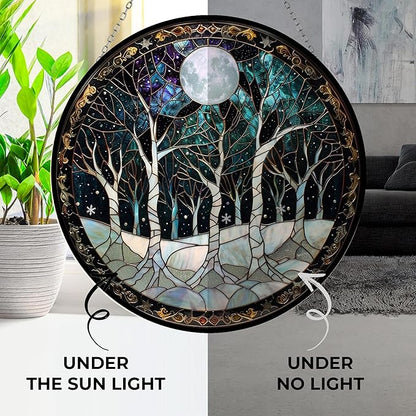 Snow Stained Glass Window Hanging Christmas Tree Winter Snow Night Scenery 6.3" - Suncatcher Door Garden Kitchen Sun Catcher Home Decor Birthday for Mom Men Woman Friend Family