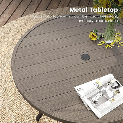 DIFY 7 Pieces Outdoor Patio Dining Set, 6 Sandshell Textilene Swivel Dining Chairs and 47.2" Grey Wood-Like Round Dining Table, Metal Outdoor Table and Chairs