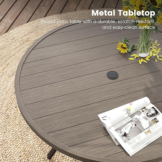 DIFY 7 Pieces Outdoor Patio Dining Set, 6 Grey Textilene Swivel Dining Chairs and 47.2" Grey Wood-Like Round Dining Table, Metal Outdoor Table and Chairs