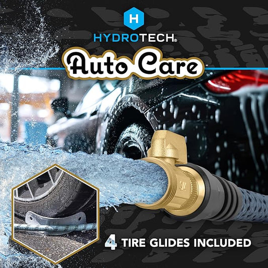 Hydrotech 60 ft Garden Hose – Patented Force Control, Burst-Proof, Lightweight, Flexible, No-Kink Design, 5/8", 4 Tire Hose Guides, Ideal for Car Wash & Automotive Care
